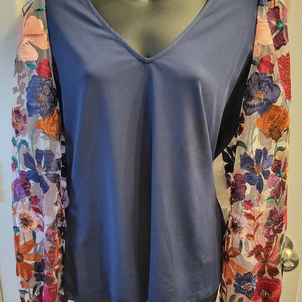 Boston Proper Blue Top with Floral Embroidered Sleeves
